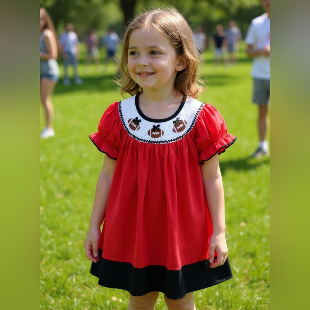 Adorable Red and Black Football Smocked Bishop Dress Sz 3T